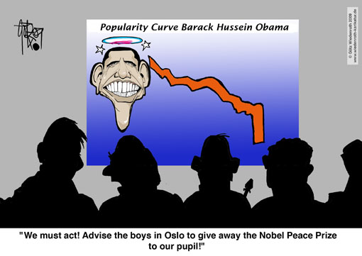 USA, Obama, Barack, President, Nobel Prize, Nobel Peace, Prize, committee, Farce, mockery, charade, squandering, squander, Germany, Wiedenroth, caricature, cartoon
