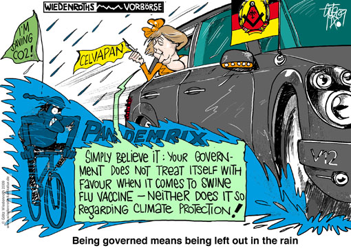 Merkel, federal chancellor, official car, climate, protection, hypocrisy, biker, puddle, fountain, wetting, Pandemrix, Celvapan, vaccine, effect enhancer, Privilege, federal government, top-ranking offical, soldiers, german armed forces, Bundeswehr,communication, Disaster, Denial, disclaimer, Wiedenroth, Germany, caricature, cartoon