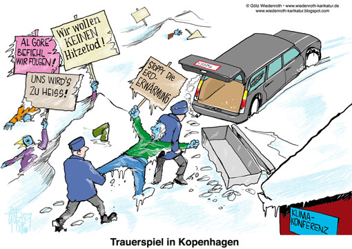 Kopenhagen, Gipfel, Propaganda, Marketing, Trick, Falschmeldung, Irrefuehrung, Taeuschung, Meeresspiegel, Anstieg, Mensch, Schuld, Treibhausgas, Treibhauseffekt, Klimaschutz, Hockeyschlaeger, Michael Mann, CRU, Klimagate, CO2, Diktatur, Strompreise, Profiteure, Demonstranten, Leichenwagen, erfrieren, Erderwaermung, Wiedenroth, Karikatur