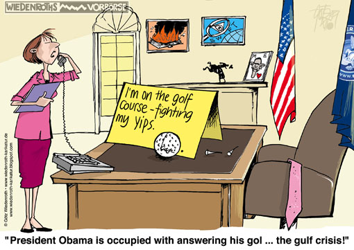 USA, Obama, President, working hours, Oval Office, Secretary, telephone, absent, Golf course, leisure time, record, gulf war, Iraq, Yips, tremble, working morale, book ban, Swift-settlement, Wiedenroth, Germany, caricature, cartoon
