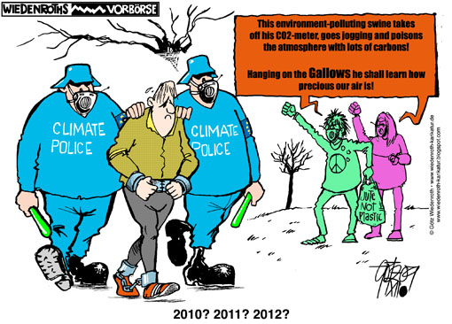 climate, change, protection, greenhouse, gas, effect, CO2, police, detention, delinquency, criminalise, air, breathing, meter, Jogging, Sport, do-gooders, fear, propaganda, Wiedenroth, Germany, caricature, cartoon