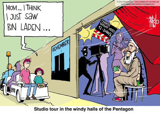 USA, Terror, Pentagon, Video, Audio, message, tape, Video, threat, Islam, war, on, Terrorism, Afghanistan, Irak, Jemen, WTC, 9-11-2001, World Trade Center, Tour, visitor, Film, set, actor, Osama Bin Laden, Wiedenroth, Germany, caricature, cartoon