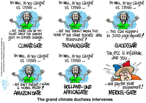 climate, change, Rajendra Pachauri, IPCC, Angela Merkel, federal chancellor, Africagate, Hollandgate, Pachaurigate, Climategate, Glaciergate, Amazongate, Synthesis Report, fraudulent, fraud, science, sloppiness, manipulation, corruption, Wiedenroth, Germany, caricature, cartoon