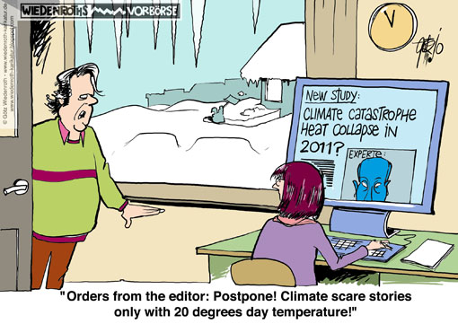 climate, IPCC, Media, coverage, Study, Snow, Winter, Jounalism, fear, story, global, warming, cold, editor, editorial office, newspaper, Wiedenroth, Germany, caricature, cartoon