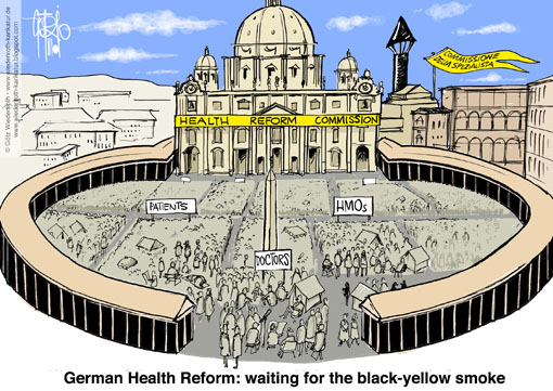 Health, Reform, St Peter, Rome, patients, HMO, doctors, Sistine Chapel, holy see, conclave, FDP, CDU, federal government, Wiedenroth, Germany, caricature, cartoon