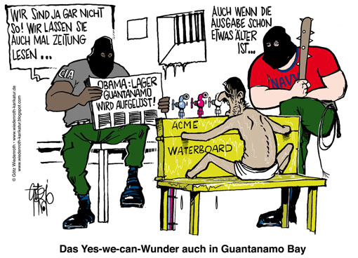 USA, Guantanamo, Bay, naval, base, Folter, Schliessung, Versprechen, Obama, Terror, Krieg, Waterboarding, Menschenrechte, Demokratie, Wiedenroth, Karikatur, cartoon
