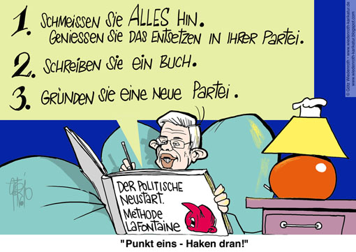 Hessen, Koch, Ministerpraesident, Hessen, Parteigruendung, Lafontaine, Ruecktritt, Aemter, Politik, Leben, Wiedenroth, Karikatur, cartoon