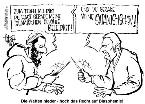 Islam, Immigration, Multikulturalismus, Strassengewalt, Krimitalitaet, Auslaendergewalt, Beleidigtsein, Religion, Satanismus, Messerstecher, Messerstich, Kopftreten, Bespucken, Blasphemie, Gotteslaesterung, Recht, Rechtsstaat, Scharia, Islamisierung, Dominanz, Demographie, cartoon, caricature, Wiedenroth, Deutschland, Germany