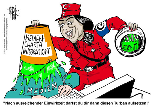 Oezkan, Ministerin, Integration, Hannover, Niedersachsen, Islam, Mediencharta, Journalisten, Kultur, kultursensibel, Sprache, Immigration, Multikulturalismus, Maulkorb, Pressefreiheit, Meinungsfreiheit, Buergerrechte, Wiedenroth, Karikatur, cartoon