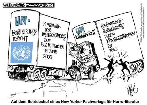 UNO, Prognose, Weltbevoelkerung, Klimawandel, Katastrophen, Angst, Panik, Unfall, Klima, IPCC, Pachauri, Widerspruch, Wiedenroth, Karikatur, cartoon