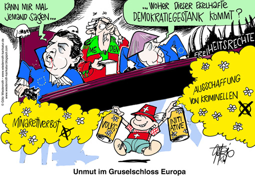 Schweiz, Volksinitiative, Ausschaffung, Abstimmung, Kriminalitaet, Auslaender, Migranten, EU, Europa, Barroso, Merkel, Medien, Demokratie, Gestank, Duftwolke, Wiedenroth, Karikatur, cartoon
