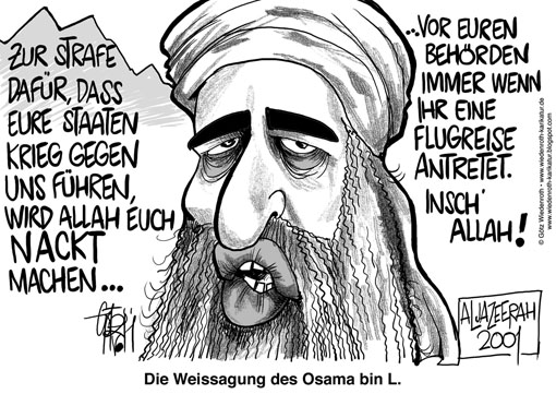 Osama, bin, Laden, Terror, Al, Kaida, Qaida, Nacktscanner, Flughafen, Behoerden, Buergerrechte, Datenschutz, Krieg, Strafe, Islam, Allah, Wiedenroth, Karikatur, cartoon