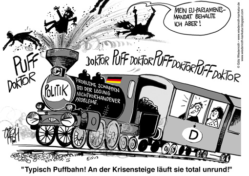 Doktortitel, Aberkennung, Politiker, Universitaet, Promotion, Kommmission, Haeberle, Guttenberg, Koch-Mehrin, Sass, Plagiat, Abschreiben, Betrug, Charakter, Anstand, Ehrlichkeit, Aufrichtigkeit, Zuverlaessigkeit, Ehrbarkeit, Sekundaertugenden, Eisenbahn, Dampflok, Dampfmaschine, Wiedenroth, Karikatur, cartoon