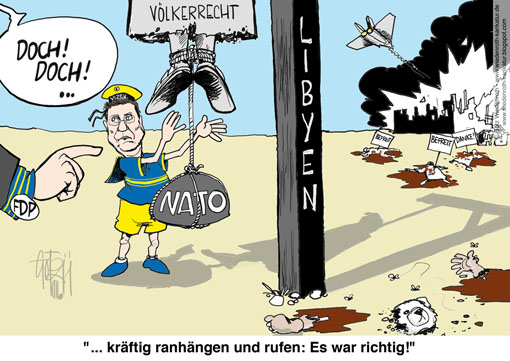 Libyen, Bombardierung, Zivilisten, Opfer, Gaddafi, Tripolis, Bengasi, Nato, Westerwelle, Bundeswehreinsatz, Voelkerrecht, Krieg, FDP, Ministeramt, Partei, Aussenminister, Galgen, Wiedenroth, Karikatur, cartoon