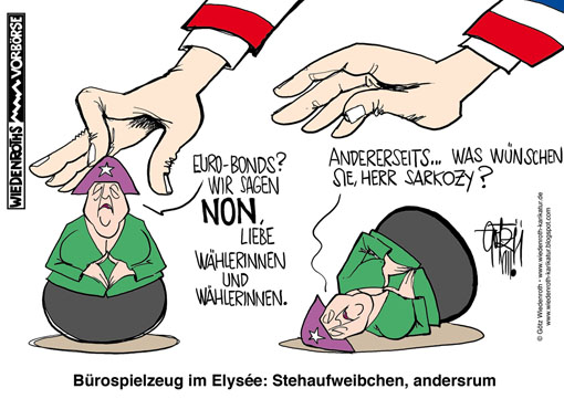 Euro, Europa, EUdSSR, Rettung, Rettungsschirm, Bailout, Frankreich, Rating, PIIGS, Staaten, Pleitestaaten, Transferunion, Herabstufung, Sondergipfel, Sarkozy, Merkel, Umkippen, Einknicken, wortbruch, Mehrkosten, Deutschland, Steuererhoehung, Leistungskuerzung, Kreditaufnahme, Wirtschaftsregierung, Demokratie, Farce, Wiedenroth, Karikatur, cartoon