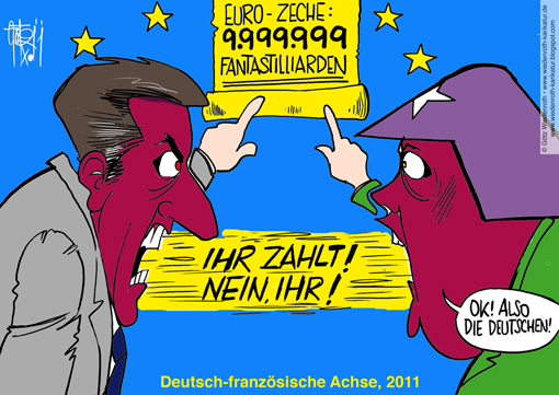 EUropa, Rettungsschirm, Merkel, Sarkozy, Bundeskanzlerin, deutsch, franzoesische, Achse, EFSF, ESM, Anschreien, Pofalla, Schimpfen, Fresse, Streit, Hebelung, Billionen, Fantastilliarden, Wiedenroth, Karikatur, cartoon