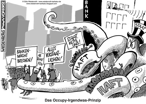 USA, Occupy, Bewegung, Proteste. Demonstration, Banken, Verstaatlichung, Zerschlagung, Kartell, Finanzindustrie, Derivate, Schulden, Staat, Verhaftungen, Polizei, Fernsteuerung, Wiedenroth, Karikatur, cartoon
