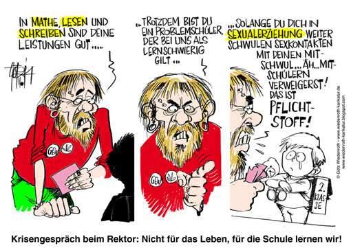 GEW, Broschuere, Lesbische und schwule Lebensweisen - ein Thema fuer die Schule, Elektroschocktherapie, Homosexualitaet, Argumente, Ueberzeugen, Normalisierung, Standardisierung, Gender Mainstreaming, Ideologie, Erziehung, Propaganda, Sozialismus, den neuen Menschen formen, Normensetzung, Begriffshoheit, Kinder, Grundschule, Sexualisierung, Fruehsexualisierung, Schulpflicht, Schulfach, Sexualerziehung, Beugehaft, Justiz, Schulverweigerung, Elternrecht, Unrechtsstaat, Diktatur, Freiheit, Recht, Staatsgewalt, Deutschland, Schulpflicht, Kindergartenpflicht, Kitapflicht, Ganztagsschule, Unterrichtsinhalt, Erziehungsziel, Wegnahme, Eltern, Pflege und Erziehung der Kinder, Pflicht, Ernaehrung, Hausaufgaben, Hilfe, Chancengleichheit, Chancengerechtigkeit, Gleichmacherei, Egalitarismus, politische Korrektheit, Staat, Regulierung, Gaengelung, PAternalismus, Gouvernantenstaat, Bevormundung, Einheitsbrei, Gleichheit, Nivellierung, Egaisierung, Scheindemokratie, Demokratur, Wiedenroth, Karikatur, cartoon, Germany, Allemagne