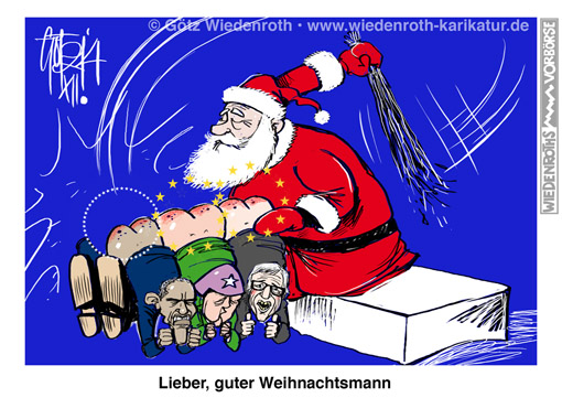 Weihnachten; Weihnachtsmann; Rute; Bestrafung; Bravsein; Barack Obama; Angela Merkel; Jean-Claude Juncker; USA; EU; EUdSSR; Europa; EU-Kommission, Wiedenroth, Karikatur, cartoon, Germany; Allemagne