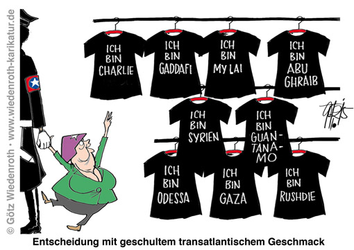 Attentat; Charlie Hebdo; Karikaturisten; Redaktion; Mord; Solidaritaet; selektiv; T-Shirt; Angela Merkel; Folterleader US; Barack Obama; Transatlantik; Gaddafi; My Lai; Abu Ghraib; Syrien; Guantanamo; Odessa; Gaza; Rushdie, Wiedenroth, Karikatur; cartoon; Germany; Allemagne