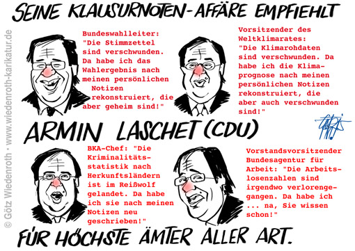 Armin Laschet; NRW; CDU; Klausuren; Noten-Affaere; verschwunden; Notizen; Noten; rekonstruieren; RWTH Aachen; Lehrauftrag, Wiedenroth; Karikatur; cartoon; Germany; Allemagne