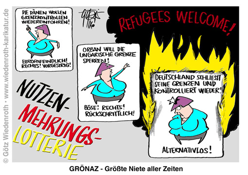 Merkel; Immigration; Asyl; Amtseid; Grenzkontrolle; Schengen; Aussetzung; Fluechtling; Lawine; Voelkerwanderung; Migranten; Asylantrag; Asylsuchende; Asylbetrug; Scheinasylant; Daenemark; Ungarn; Orban; Feindbild; Europa; EUdSSR; Demokratiedefizit; Sogwirkung; Umsonst; Gratis; Habgier; Anspruchsdenken; Flutung; Plan; Absicht; Bilderberg; Konferenz; Chanitlly; 2012; Wiedenroth; Karikatur; cartoon; Germany; Allemagne