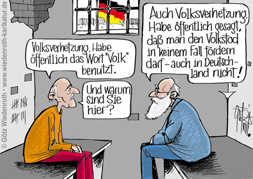 hassverbrechen; hate crime; eudssr; europa; eu; meinungsfreiheit; gedankenfreiheit; diktatur; totalitarismus; pc; political correctness; meinungsfaschismus; gefaengnis; unterdrueckung; transformation; demokratie; democracy; fascism; deutschland; brd; knast; zelle; dialog; staat. staatsmacht; ideologie; gender mainstreaming; gender; ideologie; volksverhetzung; volkstod; antifa; linksradikal; Wiedenroth; Karikatur; cartoon; Germany; Allemagne