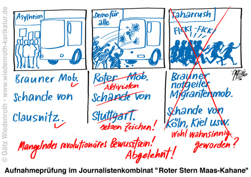 Journalismus; Luegenpresse; Luegenmedien; Medien; Qualitaetspresse; Verdrehung; Schlagwort; Kampfbegriff; Taeuschung; Vertuschung; Gewalt; Doppelstandard; Verlogenheit; Doppelmoral; Heiko Maas, Anetta Kahane, Stasi, SED, Bundesjustizminister; Antifa; brauner; Mob; Schande; Clausnitz; Stuttgart; Demo fuer alle; Gender; Fruehsexualisierung; Taharrush; Migrantengewalt; Koeln; Sexpogrom; Vergewaltigung; Belaestigung; Propaganda; Gehirnwaesche; Volkserziehung; Social engineering; Umerziehung; Hass; Beschallung; vierte Gewalt; Demokratie; Scheinrealitaet; Demokratiedefizit; Wiedenroth; Karikatur; cartoon; Germany; Allemagne