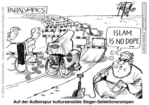 Olympische Spiele; Olympiade; Sport; Paralympics; Behinderung; Rollstuhl; Burka; Islam; Privileg; Sonderrechte; Kriecherei; Beleidigtsein; Religion; Doping; Shisha; Hilfsmotor; Karikatur; 2016; Karikatur; 2016; cartoon; Germany; Allemagne
