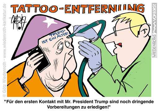 USA; Merkel; Trump; Tattoo; Beleidigung; Ablehnung; Diplomatie; Voreingenommenheit; Parteilichkeit; Bundeskanzler; Praesident; Wahlkampf; Parteinahme; Karikatur; 2017; cartoon; Germany; Allemagne