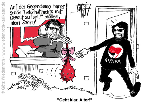 G-20; Krawall; Linksextremismus; Ralf; Stegner; Gewalt; Links; Rechts; Kampf; gegen; SPD; Antifa; Karikatur; 2017; cartoon; Germany; Allemagne