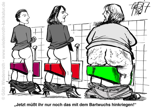 Gender; Berlin; Toilettenkonzept; oefentlich; WC; Urinal; Frauen; pinkeln; Stehen; Gerechtigkeit; Ideologie; Hirnriss; Realitaetsverlust; Wahn; Karikatur; 2017; cartoon; Germany; Allemagne
