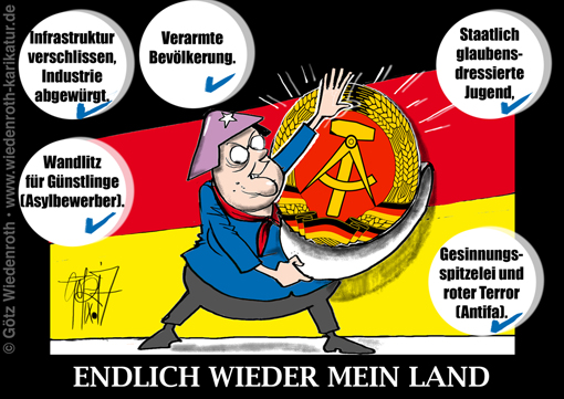 Merkel; Bundeskanzlerin; FDJ; Sozialismus; Niedergang; SED; DDR; BRD; Transformation; mein; Land; Hinterlassenschaft; Lebenswerk; Karikatur; 2017; cartoon; Germany; Allemagne