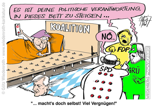 Bundestag; Wahl; Wahlergebnis; Koalition; Gespraeche; Merkel; CDU; CSU; FDP; Gruene; Jamaika; Seehofer; Bettvorleger; Fakir; Dornen; dornig; Karikatur; 2017; cartoon; Germany; Allemagne