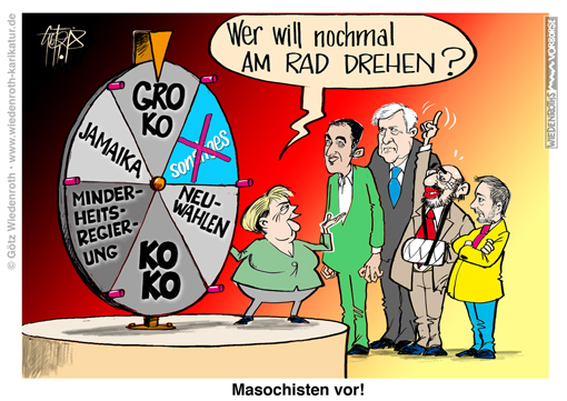 Merkel; Oezdemir; Gruene; CDU; Seehofer; CSU; Schulz; SPD; Lindner; FDP; REgierungsbildung; Koalition; Sondierungen; Jamaika; Gluecksrad; Groko; Koko; Neuwahlen; Minderheitsregierung; Bundestagswahl; 2017; Karikatur; 2018; cartoon; Germany; Allemagne