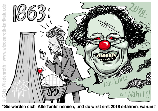 SPD; Andrea; Nahles; Wahl; 66; Prozent; Vorsitzende; Partei; Parteigeschichte; August; Bebel; 1863; alte; Tante; Baetschi; Fresse; Sprache; Infantilitaet; Karikatur; 2018; cartoon; Germany; Allemagne