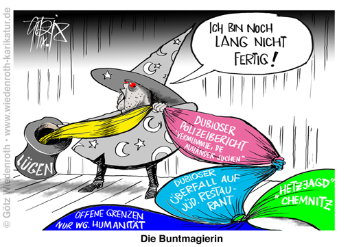 Chemnitz; Hetzjagd; Luege; Merkel; Magie; Zaubertrick; Tuecher; Zylinder; Hut; Karikatur; 2018; cartoon; Germany; Allemagne
