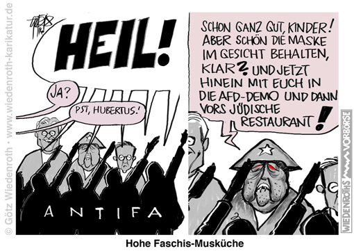 Hitlergruss; Demonstration; Hetzjagd; Luege; Chemnitz; Provokateur; Antifa; Mietnazi; Inszenierung; Fake; news; Merkel; Steinmeier; Maas; Karikatur; 2018; cartoon; Germany; Allemagne