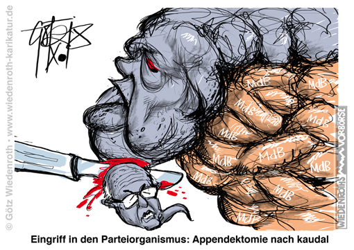 Merkel; Kauder; Bundestag Fraktionsvorsitzender; Abwahl; CDU; Partei; Parteisoldat; Koffertraeger; Nachfolger; Brinkhaus; Karikatur; 2018; cartoon; Germany; Allemagne
