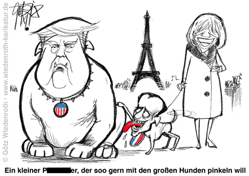 Frankreich; USA; Paris; Trump; Macron; Praesident; befummeln; anfassen; taetscheln; Kamera; jovial; Karikatur; 2018; cartoon; Germany; Allemagne