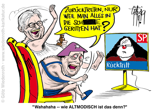 Demokratie; Ruecktritt; Nahles; SPD; Steinmeier; Merkel; GEZ; Fernsehen; Propaganda; Moral; Ethik; Politik; Eigennutz; Gemeinnutz; Karriere; Pfruende; Karikatur; 2019; cartoon; Germany; Allemagne