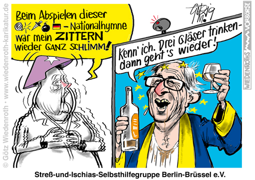 Politik; Politiker; Gesundheit; Merkel; Zittern; Tremor; Juncker; Alkoholismus; Ischias; Karikatur; 2019; cartoon; Germany; Allemagne