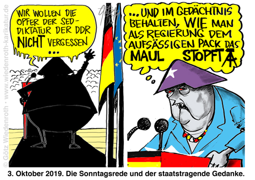 BRD; Deutschland; Einheitsfeier; Kiel; 2019; Merkel; Opfer; SED; Diktatur; DDR; Erinnerung; Unterdrueckung, Opposition, Dissidenten, Karikatur; 2019, cartoon, caricature