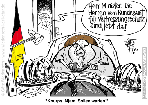 Verfassungsschutz; Altmaier; Ernaehrung; Uebergewicht; Adipositas; Gesundheit; Bundesregierung; Kampfinstrument, Verfolgung, politische, Gegner, Karikatur; 2020; cartoon; Germany; Allemagne