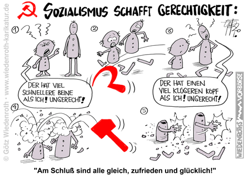 Sozialismus; Weltrettung; Paradies; Weltverbesserung; Kollektivismus; Gemeinwirtschaft; Enteignung; Verstaatlichung; Propaganda; Wunschdenken; neuer; Mensch; Umerziehung; Zwang; Staat; Partei; Unterwerfung; Herrschaft; Macht; Hammer; Sichel; abschneiden; wegnehmen; bevormunden; Unfreiheit; Mauer; Stacheldraht; Schiessbefehl; DDR; Karikatur; 2020; cartoon; Germany; Allemagne