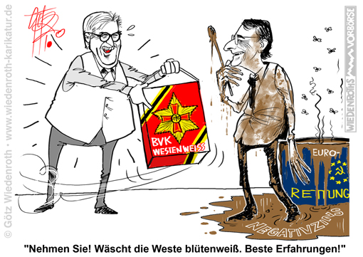 Steinmeier; Draghi; Bundesverdienstkreuz; Bundesverdienstorden; EZB; Negativzinsen; Eurorettung; Sparvermoegen; Banken; Fonds; Versicherungen; Zerstoerung; schmutzige; Weste; reinwaschen; Karikatur; 2020; cartoon; Germany; Allemagne