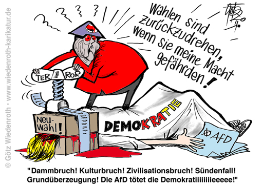 Demokratie; Wahl; thueringen; Landtagswahl; Ministerpraesident; Erfurt; Parlament; Wahl; Ramelow; Abwahl; Kemmerich; Abweichung; Linkskurs; Geschrei; Dummlinke; Macht; Gefahr; Rechtsstaat; Unrechtsstat; Gesetzesdissensbefugnis; Abschaffung; Grundrechte; Missachtung; Souveraen; Waehler; Verhoehnung; Merkel; Machtsicherung; Skrupellosigkeit; Karikatur; 2020, cartoon, caricature