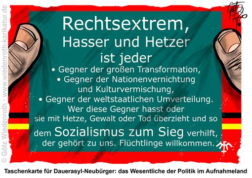 Rechtsextremismus; rechtsradikal; rechts; Sprache; Verbiegung; Neusprech; Zwiedenken; Orwell; 1984; Sozialismus; Gedankenherrschaft; Gesinnungsgehorsam; Demokratie; Vernichtung; Zerstoerung; offene; Grenzen; Transformation; Weltstaat; Nation; Immigration; Umvolkung; Karikatur; 2020, cartoon, caricature