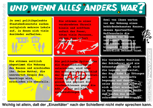 Terror. fals flag; deep state; Geheimdient; alternative; Fakten; Spekulation; Hanau; Winnenden; Wendlingen; Erfurt; Halle; fake; news; Behoerden; Vertrauen; Staat; Einzeltaeter; nstitutionen; Inszenierung; Politik; ausschlachten; Waffenrecht; Instrumentalisierung; AfD; Karikatur; 2020; cartoon; Germany; Allemagne