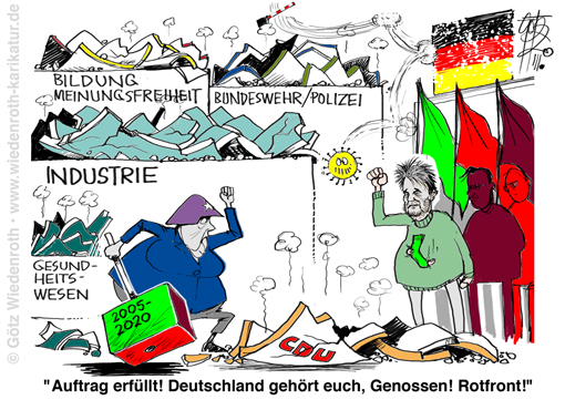 Demokratie; Rechtsstaat; Unrechtsstaat; Zerstoerung; Grundrechte; Wirtschaft; Industrie; Polizei; Bundeswehr; Bildung; Meinungsfreiheit; Gesundheitswesen; Energieversorgung; Waehrungsstabllitaet; Merkel; Habeck; Bundeskanzler; CDU; Truemmer; Mehrheit; Kanzlerpartei; Karikatur; 2020, cartoon, caricature